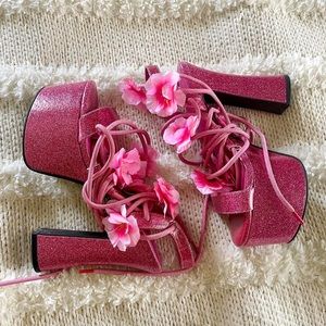 Dollskill x Sugar Thrillz Pink BARBIECORE Glitter Flower Wrap Pumps 🌸